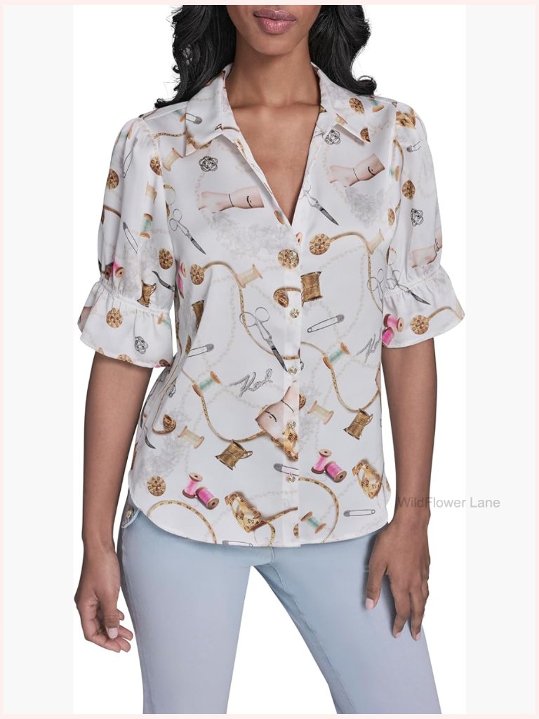 Ruffle Sleeve Button Down Shirt With Sewing Print